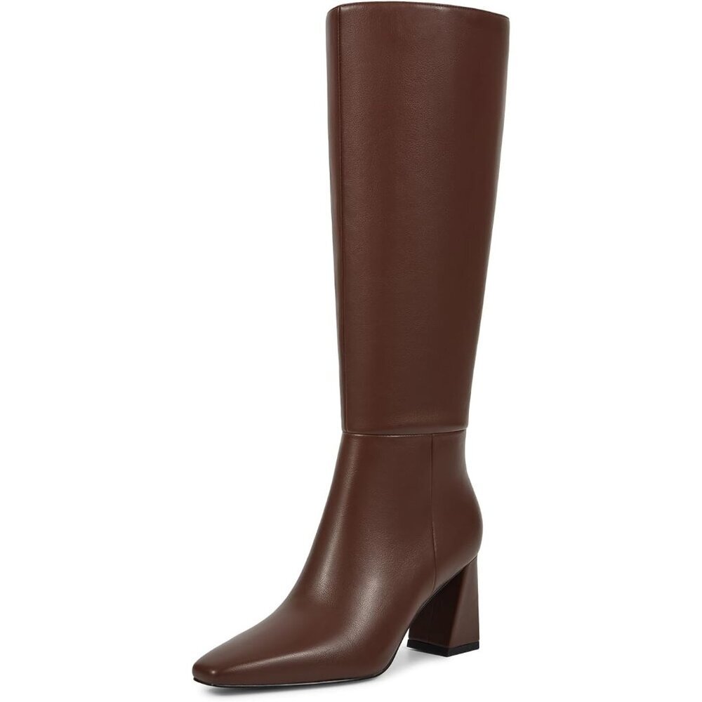 Women Brown 2.95in  Chunky Low Heel Square Toe Tall Boots PU Leather Zips